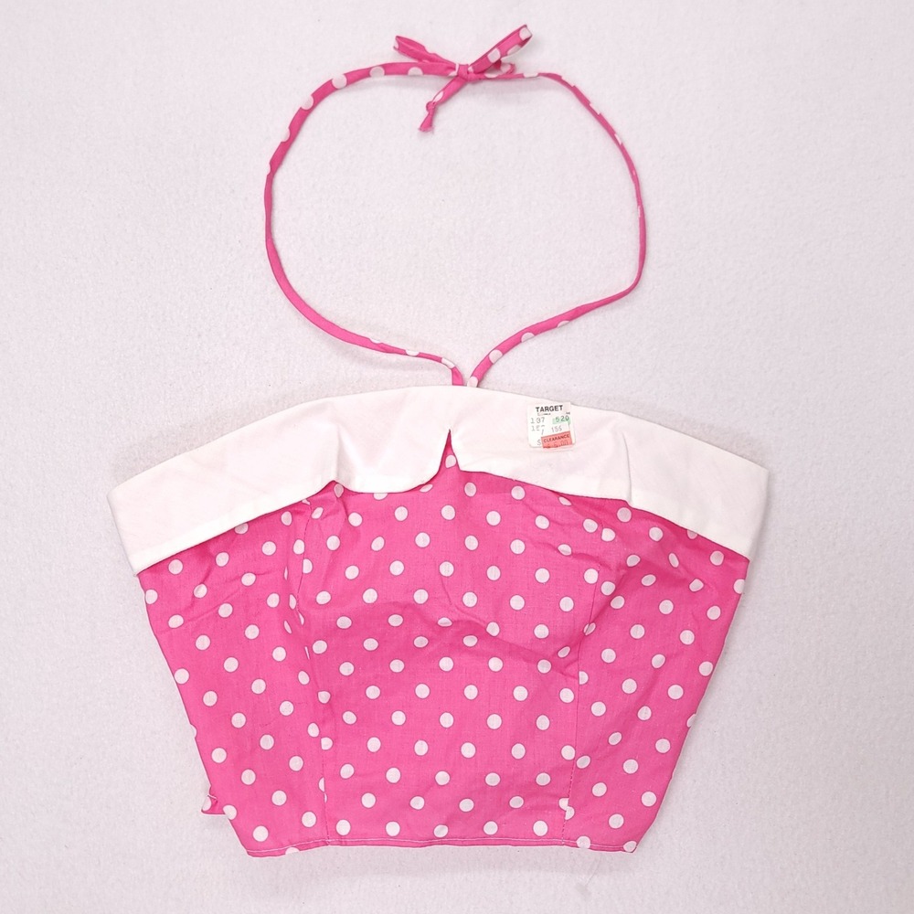 Sweet n Sassy Pink Polka Dot Halter Crop Top Smocked Back Medium Vintage